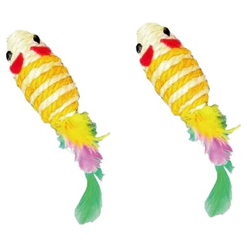 NiceU毛樂趣 逗貓劍麻鼠玩具 (兩個一組) ，天然劍麻耐抓咬，羽毛尾巴增樂趣  隨機出貨  1入