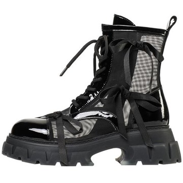 【Taroko】龐克少女皮革拼接網面厚底緞帶短靴(黑色)