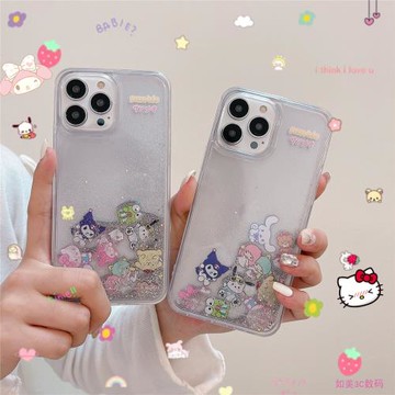日單可愛三麗鷗閃粉流沙殼適用iPhone15promax手機殼14pro新款蘋果13硅膠12創意11全包防摔16plus保護套女款