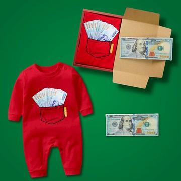 千元鈔滿袋 大富翁鈔票禮盒2件組 長袖連身衣紅+鈔票方巾