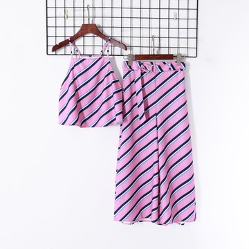 夏季女裝時尚歐美風拼色條紋短款背心+松緊高腰顯瘦闊腿褲