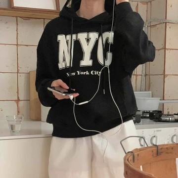 正韓T恤 印花口袋連帽長袖T恤FIVE1002-創翊韓都