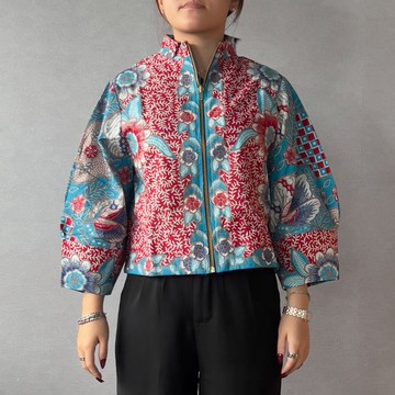 印尼蠟染知性泡泡袖短外套 YURA - 藍寶石花 - YUR018