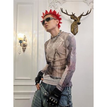 GROUPMAREK[GMK]天使油畫滿印印花網紗彈力緊身長袖