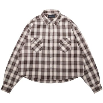 ESSENCE PLAID WESTERN SHIRT III 短版寬鬆 長袖襯衫 (卡其格紋)