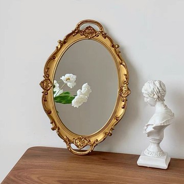 法式復古化妝鏡宮廷風浮雕金色鏡子 ins風桌面臺式梳妝鏡托盤拍照
