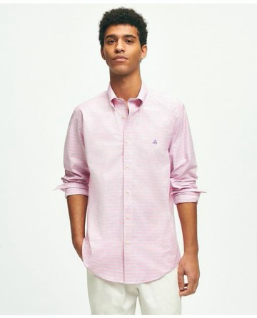 Brooks Brothers Men's Stretch Cotton Non-Iron Oxford Polo Button Down Collar, Checked Shirt | Pink | Size 2XL