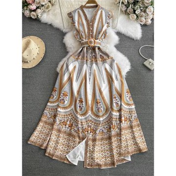 復古宮廷風飛飛袖V領收腰顯瘦單排扣a字印花連衣裙海邊度假長裙子