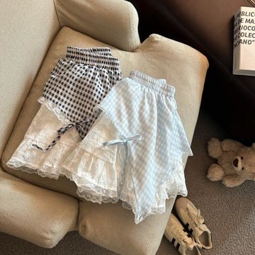 甜美蝴蝶結蕾絲拼接格子蓬蓬短裙女夏季松緊腰氣質少女a字半身裙
