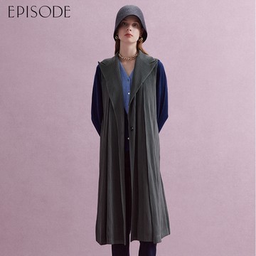 EPISODE - 簡約百搭素色翻領皺褶無袖長板背心（灰）E44906
