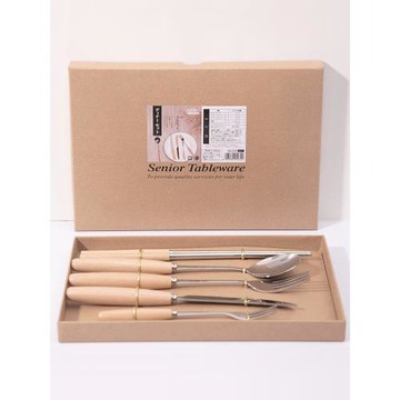 日式餐具304不銹鋼復古木柄刀叉勺中西式餐具5件套禮盒套裝 4230