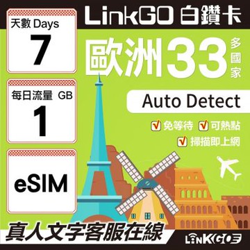 LINKGO白鑽卡  歐洲33國 eSIM卡 7天上網卡 每日1GB(歐洲網卡 西班牙 德國 奧地利 英國)