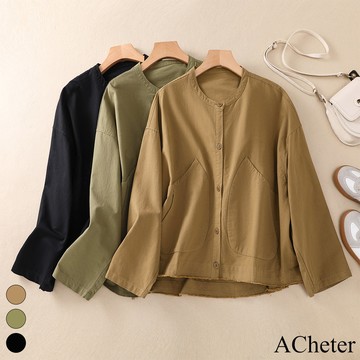 【ACheter】外套圓領純色寬鬆大碼長袖韓版休閒短版外套# 119649  (現貨+預購)