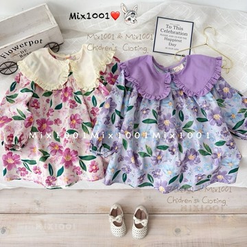 🌈✨mix1001大荷葉領彩色花花娃娃裝✨兒童花瓣滿版短洋裝80-140