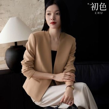 初色 立體裁切修身口袋V領長袖前扣西裝外套女外套-共3色-37924(M-2XL可選)