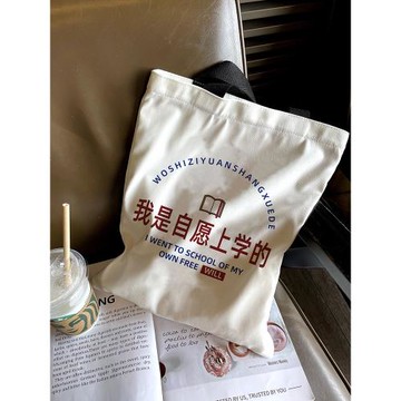 我是自愿上學的帆布包女帆布袋大學生上課包包2025年新款學生裝書
