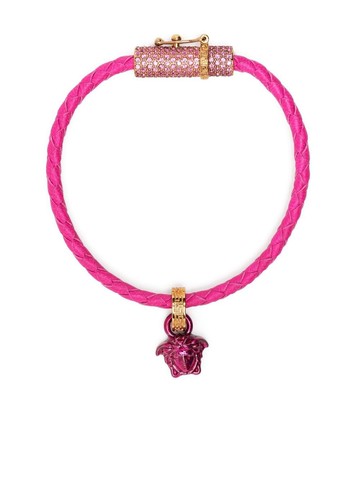 Versace - leather crystal-embellished bracelet - women - Metal/Calf Leather/glass - L - Pink