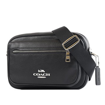 COACH 男款 Elias 鵝卵石皮革雙層置物拉鍊斜背相機包-黑色
