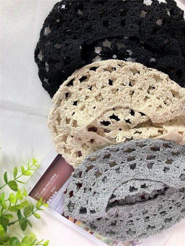 2022春夏款百搭文藝鏤空鉤花貝雷帽優雅復古手工編織針織帽子女夏