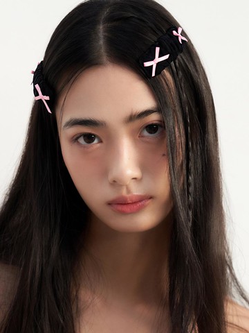 2-Piece Pleated Velvet Ribbon Hair Pin [Black Pink]