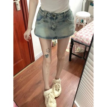 臺灣/✨短裙  半身裙辣妹復古淺色牛仔半身裙女夏季高腰小衆包臀裙a字超短裙裙褲裙子