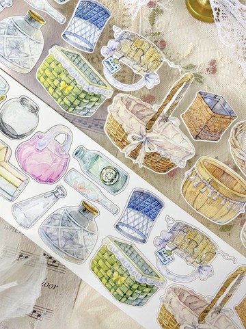 花瓶花籃 復古小物水彩畫 PET 和紙膠帶