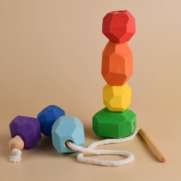 木製繫帶玩具遊戲堆疊平衡石蒙特梭利顏色分類玩具