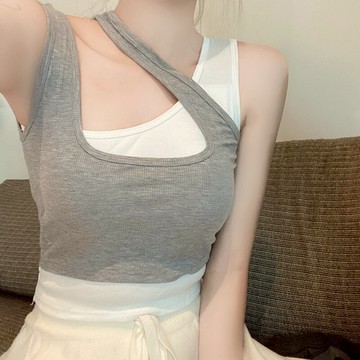 夏季外穿辣妹假兩件撞色小背心女設計感斜肩掛脖吊帶短款內搭上衣
