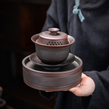 紫陶復古三才蓋碗泡茶碗茶杯紫砂功夫茶具家用半手工壺承防燙日式