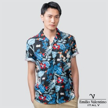 Emilio Valentino 范倫提諾古巴領短袖花襯衫-黑