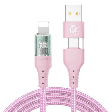 PICKOGEN 二合一 PD/Lightning/Type-C/iPhone充電傳輸快充編織線 閃速 1.8M 粉色 支援iPhone5-14系列