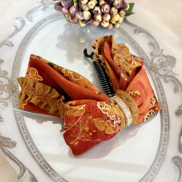 復古燙金布藝香蕉夾 鯊魚夾 髮夾 髮圈 馬尾夾 抓夾 邊夾 橘紅