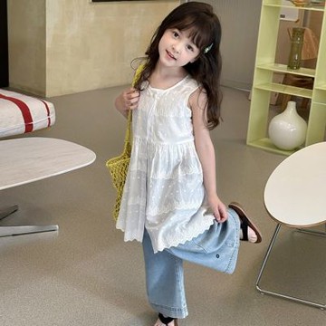 法式棉紗緹花開岔長版罩衫 長版上衣 無袖背心 大童 女童 童裝 兒童 橘魔法 現貨【BB8387】