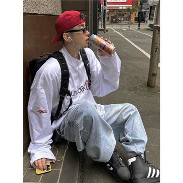 Aurocean 元氣少年白色半高領長袖T恤 啞光撞色刺繡破損做舊內搭t