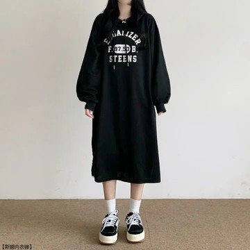 韓系慵懶連衣裙春秋女裝薄印花長裙連帽寬鬆加絨衛衣裙冬