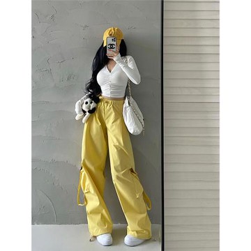 YoungGirlDay美式街頭高腰顯瘦抽繩束腳飄帶工裝褲闊腿休閑長褲女