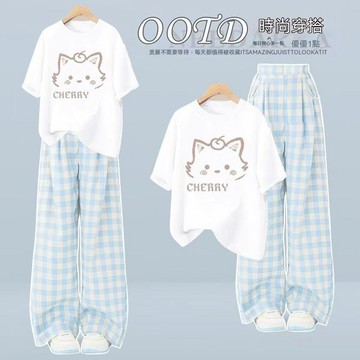 【砂糖夢境】單/套裝夏季女學生慵懶風寬鬆短袖t恤休閒闊腿褲子甜美穿搭兩件套
