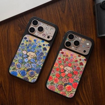iPhone夢幻玫瑰小狗手機殼鏡面鎏金工藝耐摔蘋果 18 17ProMax 16 15 14 13 全包邊保護殼
