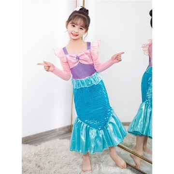 女童長袖美人魚連衣裙cosplay艾莉兒公主仙女裙魚尾修身游泳衣裙