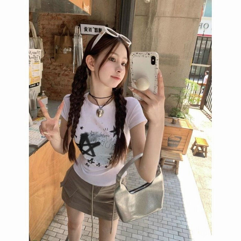 トップス レディース Tシャツ 着痩せ ラウンドネック Y2K トップス レディース Tシャツ 着痩せ ラウンドネック Y2K
