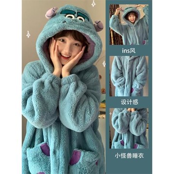 蘇利文睡衣女秋冬季珊瑚絨睡袍加厚加絨浴袍怪獸大學家居服冬天