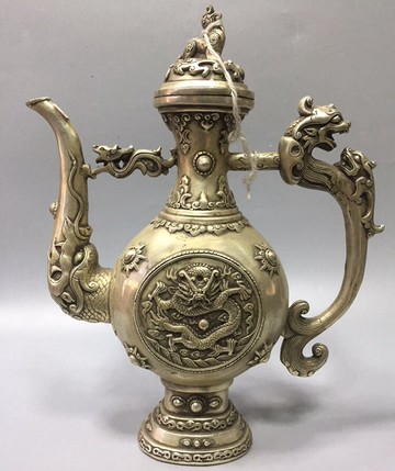 純銅酒壺 康熙御制白銅貔貅蓋龍酒壺仿古銅器工藝品擺件收藏送禮