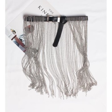 2019新款個性凹造型街拍重工款鏈條長流蘇皮帶腰帶女潮