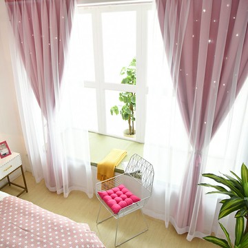 布紗一體公主網紅鏤空星星窗簾帶紗雙層遮光臥室ins風少女粉色
