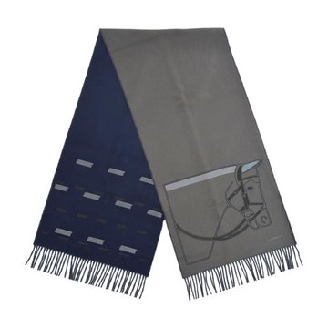 Hermes 愛馬仕 De Profil Brode 鎖鏈縫線雙面喀什米爾圍巾(中灰/黑)