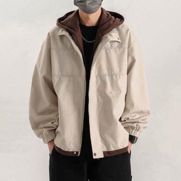 2024假兩件外套男士美式潮牌復古春秋季休閑寬松情侶連帽夾克上衣