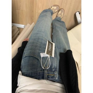 復古藍紋理寬松直筒牛仔褲女夏季新款高腰顯瘦垂感百搭拖地闊腿