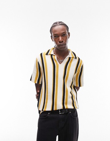 Topman knitted revere stripe polo in black and yellow