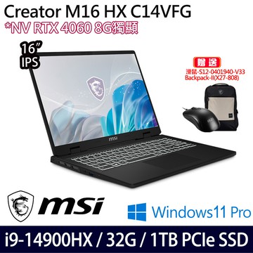 《MSI 微星》Creator M16 HX C14VFG-055TW(16吋QHD+/i9-14900HX/32G/1TB SSD/RTX4060/W11P)