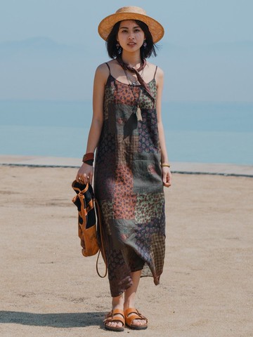 2顔色 曠野/莫奈 亞麻拼布復古印花吊帶洋裝 民族風休閒吊帶長裙
